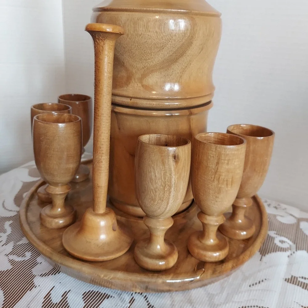 Vintage Hand Turned Wood Decanter Set 6 Goblets Tray Mid Century Modern Barware